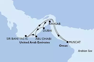 Abu Dhabi,Sir Bani Yas,Muscat,Khasab,Dubai,Dubai,Abu Dhabi