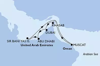MSC OPERA - trasa 7 nocy podróż z: Abu Dhabi,U.Arab Emirates w dniu 30/01/2023 - Abu Dhabi,Sir Bani Yas,Muscat,Khasab,Dubai,Dubai,Abu Dhabi