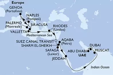 Palermo,Naples,Genoa,Siracusa,Valletta,Rhodes,Suez Canal North,Suez Canal South,Safaga,Sharm El-Sheikh,Aqaba,Jeddah,Muscat,Abu Dhabi,Dubai,Dubai