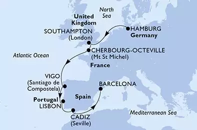 Hamburg,Southampton,Cherbourg,Vigo,Lisbon,Cadiz,Barcelona