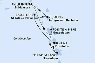 MSC SEASIDE - trasa 7 nocy podróż z: Pointe-a-Pitre, Guadeloupe w dniu 26/02/2023 - Pointe-a-Pitre,Philipsburg,St John s,Basseterre,Roseau,Fort de France,Pointe-a-Pitre