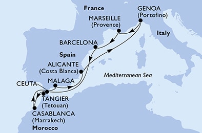 Barcelona,Tangier,Casablanca,Ceuta,Malaga,Alicante,Genoa,Marseille,Barcelona