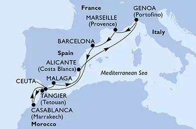 MSC LIRICA - trasa 10 nocy podróż z: Barcelona, Spain w dniu 21/03/2023 - Barcelona,Tangier,Casablanca,Ceuta,Malaga,Alicante,Genoa,Marseille,Barcelona