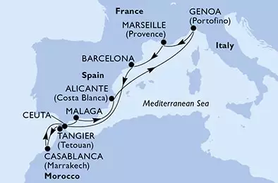 Alicante,Genoa,Marseille,Barcelona,Tangier,Casablanca,Ceuta,Malaga,Alicante