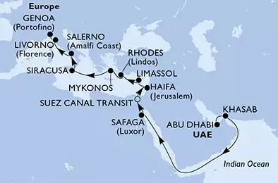 Abu Dhabi,Khasab,Safaga,Suez Canal South,Suez Canal North,Haifa,Limassol,Rhodes,Mykonos,Siracusa,Salerno,Livorno,Genoa