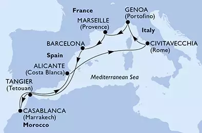 Marseille,Barcelona,Tangier,Casablanca,Alicante,Civitavecchia,Genoa,Marseille