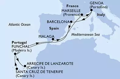 Santa Cruz de Tenerife,Funchal,Malaga,Marseille,Genoa,Barcelona,Funchal,Arrecife de Lanzarote