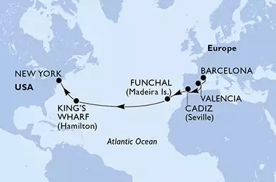 MSC SEASCAPE - trasa 15 nocy podróż z: Barcelona, Spain w dniu 21/11/2022 - Barcelona,Valencia,Cadiz,Funchal,King's Wharf,King's Wharf,New York,New York