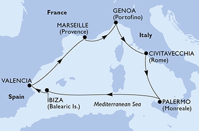 Genoa,Civitavecchia,Palermo,Ibiza,Valencia,Marseille,Genoa