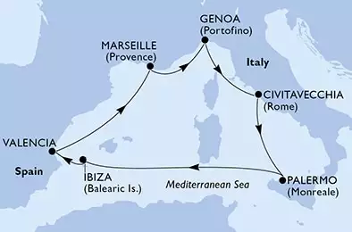 Valencia,Marseille,Genoa,Civitavecchia,Palermo,Ibiza,Valencia