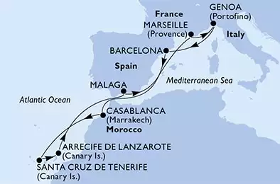Genoa,Barcelona,Casablanca,Santa Cruz de Tenerife,Arrecife de Lanzarote,Malaga,Marseille,Genoa