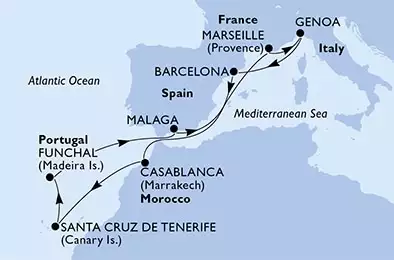 Malaga,Marseille,Genoa,Barcelona,Casablanca,Santa Cruz de Tenerife,Funchal,Malaga