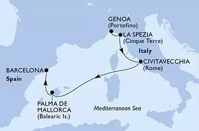 Genoa,La Spezia,Civitavecchia,Palma de Mallorca,Barcelona