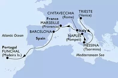 Trieste,Messina,Naples,Civitavecchia,Marseille,Barcelona,Funchal
