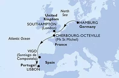 Hamburg,Southampton,Cherbourg,Vigo,Lisbon