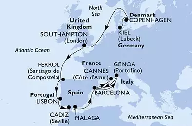 Kiel,Copenhagen,Southampton,Ferrol,Lisbon,Cadiz,Malaga,Barcelona,Genoa,Barcelona,Cannes