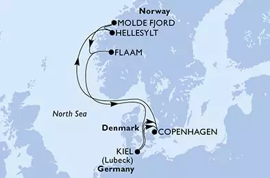 Kiel,Copenhagen,Hellesylt,Molde Fjord,Flaam,Kiel,Copenhagen