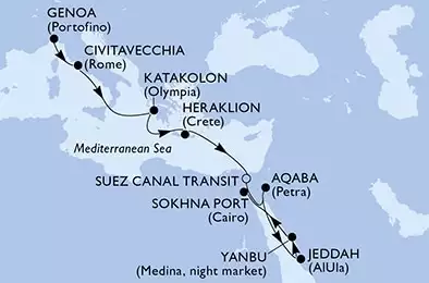 Genoa,Civitavecchia,Katakolon,Heraklion,Suez Canal North,Suez Canal South,Aqaba,Jeddah,Yanbu,Sokhna Port