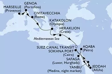 Marseille,Genoa,Civitavecchia,Katakolon,Heraklion,Suez Canal North,Suez Canal South,Aqaba,Jeddah,Yanbu,Sokhna Port,Safaga