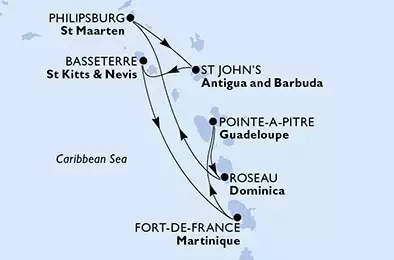 MSC SEASIDE - trasa 7 nocy podróż z: Fort de France, Martinique w dniu 16/12/2023 - Fort de France,Pointe-a-Pitre,Roseau,Philipsburg,St John s,Basseterre,Fort de France