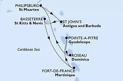 MSC SEASIDE - trasa 7 nocy podróż z: Pointe-a-Pitre, Guadeloupe w dniu 17/12/2023 - Pointe-a-Pitre,Roseau,Philipsburg,St John s,Basseterre,Fort de France,Pointe-a-Pitre