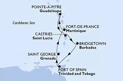 Pointe-a-Pitre,Castries,Bridgetown,Port of Spain,Saint George,Fort de France,Pointe-a-Pitre