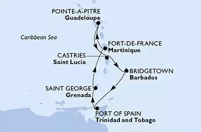 MSC SEASIDE - trasa 7 nocy podróż z: Pointe-a-Pitre, Guadeloupe w dniu 10/12/2023 - Pointe-a-Pitre,Castries,Bridgetown,Port of Spain,Saint George,Fort de France,Pointe-a-Pitre