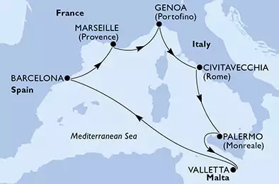 Barcelona,Marseille,Genoa,Civitavecchia,Palermo,Valletta,Barcelona