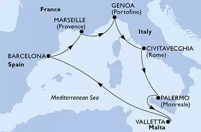 MSC WORLD EUROPA - trasa 7 nocy podróż z: Barcelona, Spain w dniu 22/12/2023 - Barcelona,Marseille,Genoa,Civitavecchia,Palermo,Valletta,Barcelona