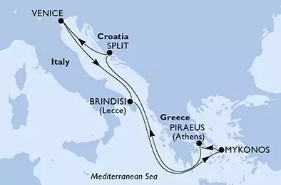 MSC SINFONIA - trasa 7 nocy podróż z: Piraeus, Greece w dniu 20/06/2024 - Piraeus,Split,Venice,Brindisi,Mykonos,Piraeus