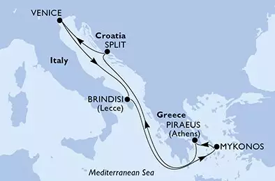 Split,Venice,Brindisi,Mykonos,Piraeus,Split