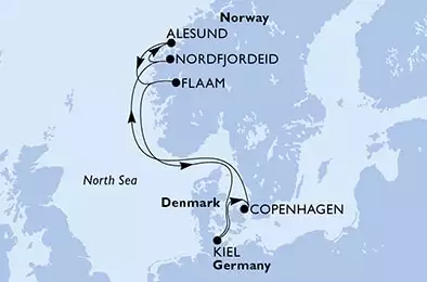 Copenhagen,Nordfjordeid,Alesund,Flaam,Kiel,Copenhagen