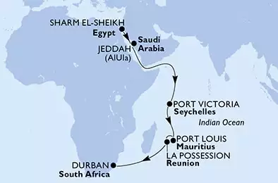 Sharm El-Sheikh,Jeddah,Port Victoria,Port Victoria,Port Louis,Port Louis,La Possession,Durban
