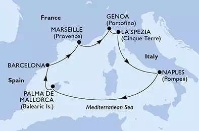 Barcelona,Marseille,Genoa,La Spezia,Naples,Palma de Mallorca,Barcelona