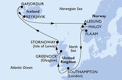 Southampton,Greenock,Stornoway,Isafjordur,Reykjavik,Alesund,Maloy,Flaam,Southampton
