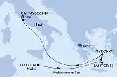 Valletta,Santorini,Mykonos,Mykonos,Civitavecchia