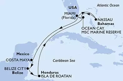 Miami,Nassau,Ocean Cay,Ocean Cay,Miami,Costa Maya,Belize City,Isla de Roatan,Ocean Cay,Miami