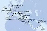 Southampton,Le Havre,Bilbao,La Coruna,Cadiz,Barcelona,Civitavecchia,Naples,Piraeus,Heraklion,Suez Canal North,Suez Canal South,Safaga,Aqaba,Muscat,Dubai