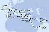 Bilbao,La Coruna,Cadiz,Barcelona,Civitavecchia,Naples,Piraeus,Heraklion,Suez Canal North,Suez Canal South,Safaga,Aqaba,Muscat,Dubai