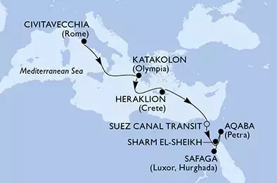 Civitavecchia,Katakolon,Heraklion,Suez Canal North,Suez Canal South,Aqaba,Sharm El-Sheikh,Safaga