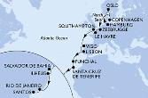 Hamburg,Copenhagen,Oslo,Zeebrugge,Le Havre,Southampton,Vigo,Lisbon,Funchal,Santa Cruz de Tenerife,Salvador,Ilheus,Rio de Janeiro,Santos