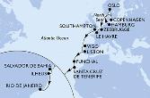 Hamburg,Copenhagen,Oslo,Zeebrugge,Le Havre,Southampton,Vigo,Lisbon,Funchal,Santa Cruz de Tenerife,Salvador,Ilheus,Rio de Janeiro