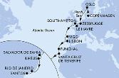 Copenhagen,Oslo,Zeebrugge,Le Havre,Southampton,Vigo,Lisbon,Funchal,Santa Cruz de Tenerife,Salvador,Ilheus,Rio de Janeiro,Santos