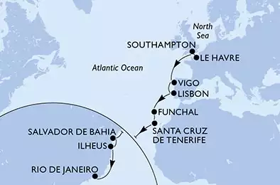 Le Havre,Southampton,Vigo,Lisbon,Funchal,Santa Cruz de Tenerife,Salvador,Ilheus,Rio de Janeiro