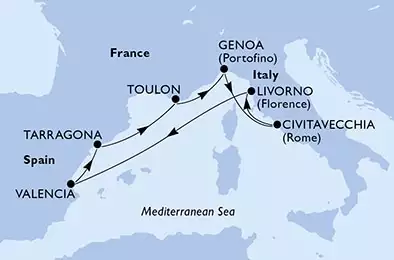 Genoa,Civitavecchia,Livorno,Valencia,Tarragona,Toulon,Genoa