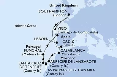 Southampton,Lisbon,Cadiz,Casablanca,Arrecife de Lanzarote,Las Palmas de G.Canaria,Santa Cruz de Tenerife,Funchal,Vigo,Southampton