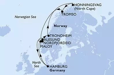 Hamburg,Maloy,Alesund,Trondheim,Honningsvag,Tromso,Nordfjordeid,Hamburg