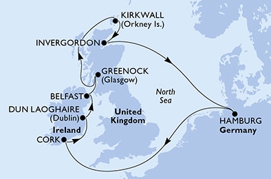 Hamburg,Cork,Dun Laoghaire,Belfast,Greenock,Kirkwall,Invergordon,Hamburg