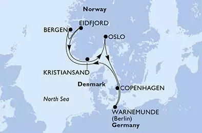 Warnemunde,Bergen,Eidfjord,Kristiansand,Oslo,Copenhagen,Warnemunde