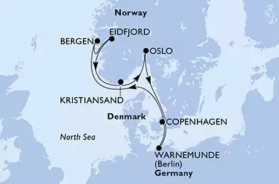MSC POESIA - trasa 7 nocy podróż z: Warnemunde,Germany w dniu 16/06/2024 - Warnemunde,Bergen,Eidfjord,Kristiansand,Oslo,Copenhagen,Warnemunde
